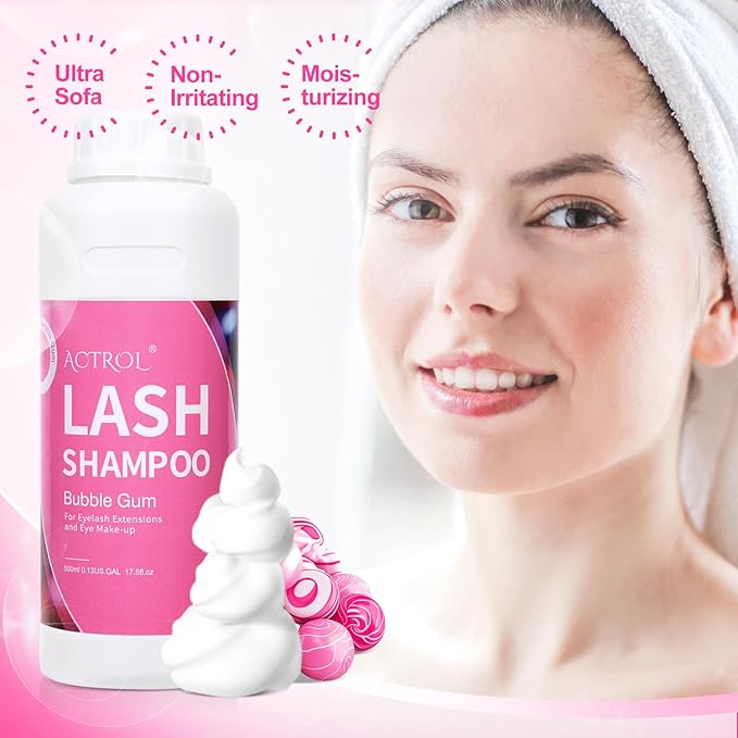 Eyelash Extension Cleanser Bubble Gum 500ml Natural Lash Extension Shampoo Professional Eyelid Foaming Cleanser Paraben & Sulfate Free Non-lrritating with Salon and Home Care
