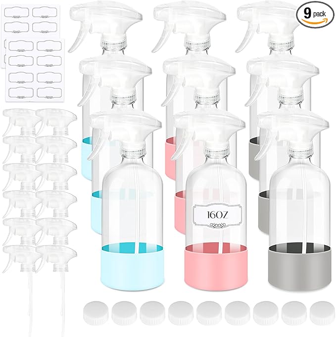 9 PACK/16 OZ Glass Spray Bottles with Upgraded Adjustable Spray Nozzle，Refillable Containers with Silicone Sleeve,Spray Bottle for Hair&Cleaning Solutions&Essential Oils-Pink Blue Gray