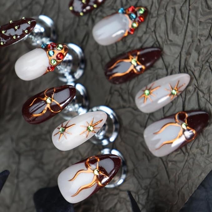 Almond Press on Nails Handmade Medium Long/Stiletto 3D Flower Fake Nail with Designs, Women Reusable False Nails (Bowknot Brown, L)