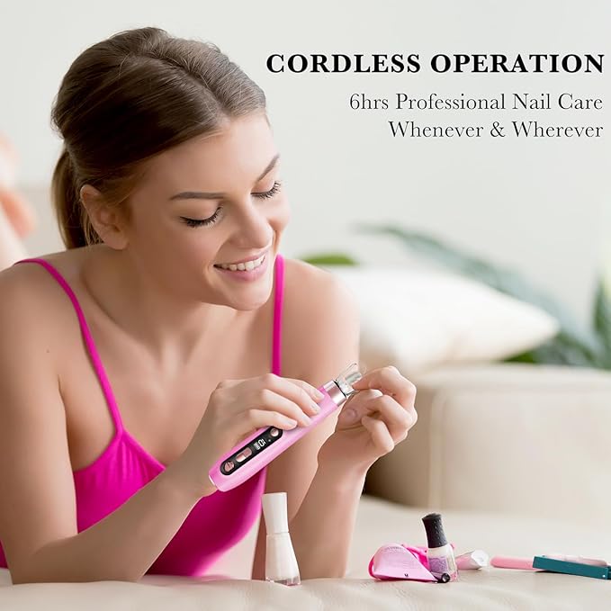 ENGERWALL Professional Manicure Pedicure Kit, Electric Nail File Set, Portable Cordless Electric Nail Drill Machine, 10 Speeds Nail Care Tool for Grind Trim Polish, Pink