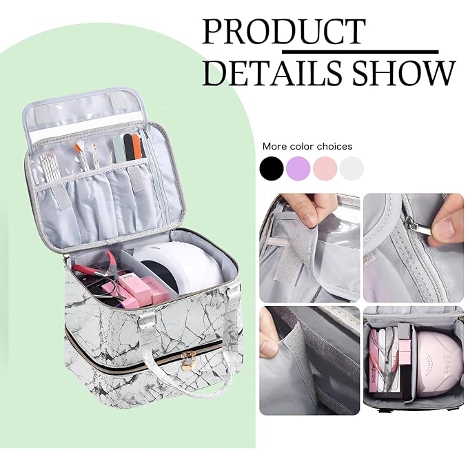 Nail Polish Organizer Hold 40+ Bottles & Nail Lamp, Storage Case Double-Layer Bag with Sturdy Handle (WHITE)