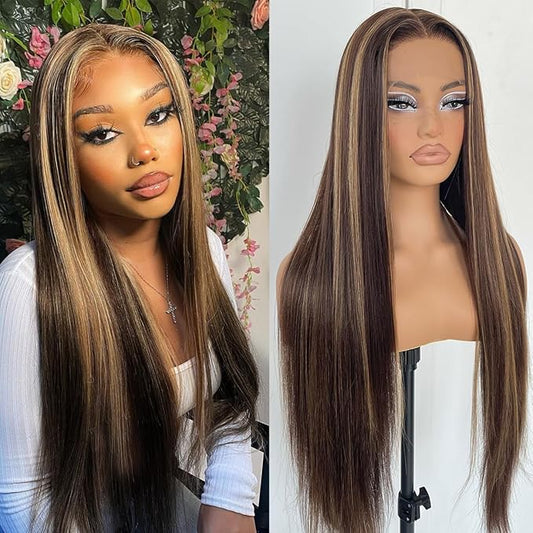 4/27 Highlight Ombre Lace Front Wig Pre Plucked 180 Density Honey Blonde Long Straight Lace Front Wigs Synthetic Glueless Straight Highlight Lace Front Wig 32inch
