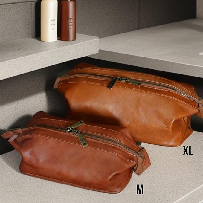 BERLINER BAGS Vintage Leather Cosmetic Bag Ben XL, Toiletry Bag for Women and Men, for Travelling - Brown