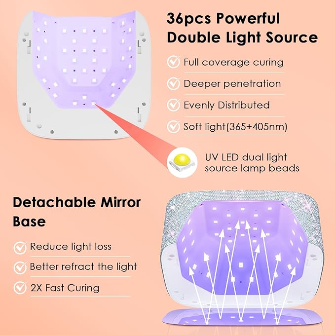 UV LED Nail Lamp Cordless, HUITINE 80W Rechargeable UV Light for Gel Nails, Professional Gel Light Dryer with 5 Timers & Mirror Base, Sparkling Rhinestones Diamond Curing Lamp for Salon & Home