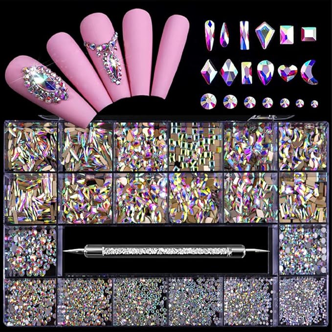 3100Pcs Nail Crystal Rhinestones Kit, Mix Shapes AB Glass, 3D Diamonds Flatback Crystals, with a Drill Pen, Nail Crystal Non Hotfix, Nail Art Decoration (AB Rhinestone)