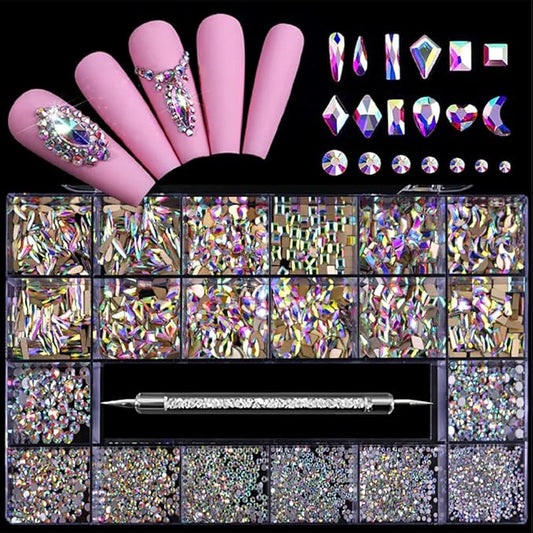 3100Pcs Nail Crystal Rhinestones Kit, Mix Shapes AB Glass, 3D Diamonds Flatback Crystals, with a Drill Pen, Nail Crystal Non Hotfix, Nail Art Decoration (AB Rhinestone)