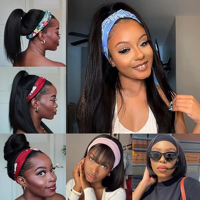 22 Inch Headband Wigs for Black Women Straight Headband Bob Wigs Glueless Black Straight Wig 180% Density No Lace Headband Wig Natural Color Glueless None Lace Front Human Hair