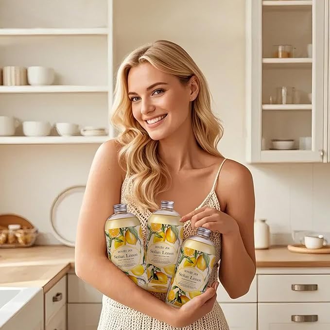 Lemon Scent Liquid Hand Soap Refills - Natural, Gentle & Moisturizing Formula - Family Size 3 Pack, Ideal for Liquid Soap Dispensers in Kitchen and Bathroom