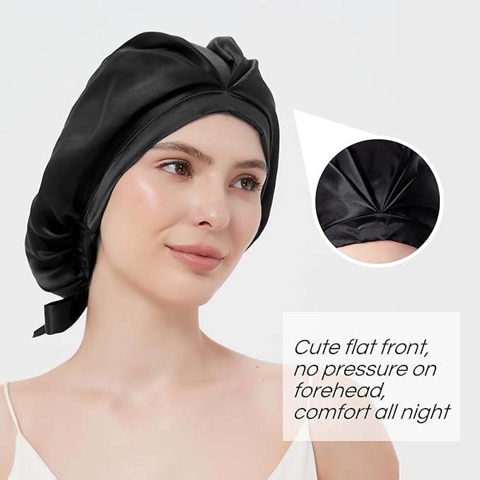 RachelSilk 100% Mulberry Silk Sleep Cap, Grade 6A 19 Momme Silk for Women Hair Care, Night Bonnet with Elastic Stay On Head, Sleep Cap After Shower, for Small -Medium Head Size (Black)