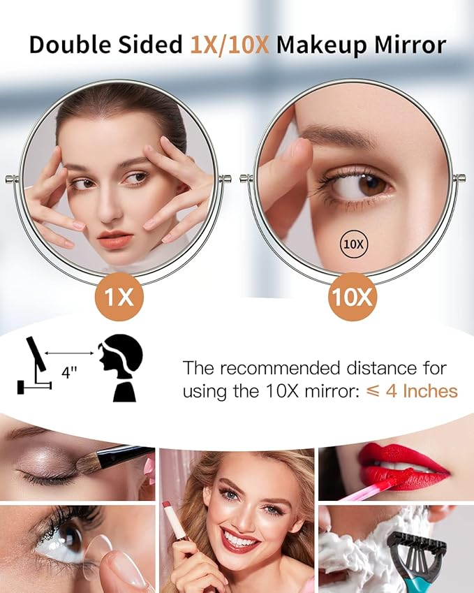 Benbilry 9" Large Size Wall Mounted Makeup Vanity Mirror, 1X/10X Magnifying Double Sided Shaving Mirror for Bathroom, 360° Swivel Extendable Arm Nickel Finish