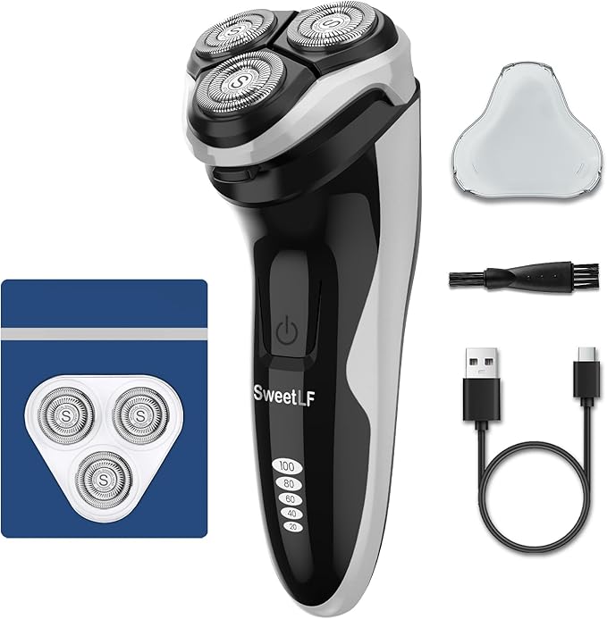 SweetLF Electric Razor for Men with Plus 3 Blades, 120 Min Shaving, (1H Charging),100% Waterproof, Wet & Dry Rotary Electric Shaver with Pop-up Trimmer,Type-C Rechargeable Cordless Shavers for Men