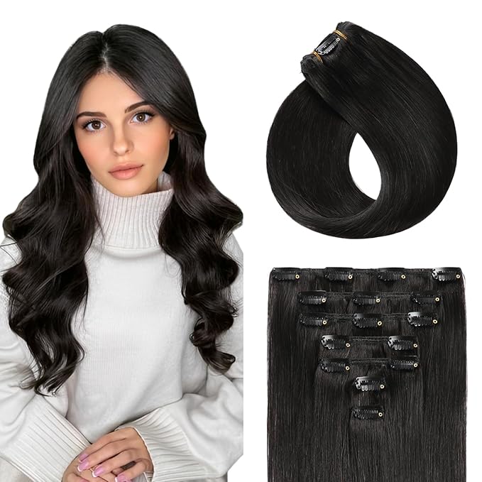 YILITE Clip in Hair Extensions Real Human Hair 16inch 70g 7Pcs #1B Natural black Remy Human Hair Extensions Clip ins for Women clip in Human Hair Extensions
