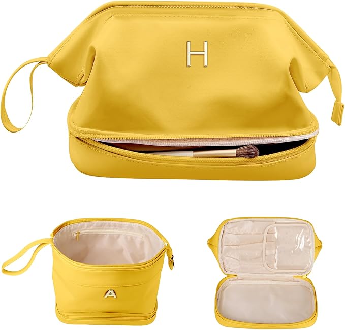 Cool Gifts for Female Friends, Initial Makeup Bag, Travel Gifts, Personalized Bags, Waterproof Double Layer Cosmetic Bag, Large Capacity PU Leather Makeup Bags Letter Travel Toiletry Bag
