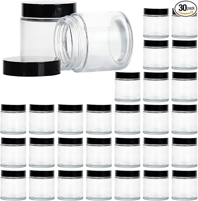 4oz Glass Jars with Lids, Hoa Kinh 30 Pack Clear Empty Cosmetic Containers Round Airtight Glass Jar with Black Lids for Storing Lotions, Powders, and Ointments