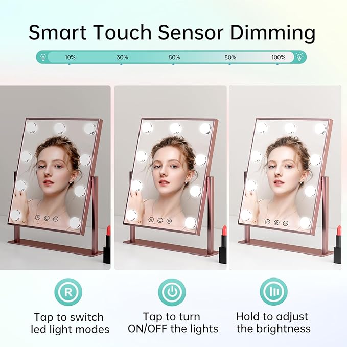 COSMIRROR Vanity Makeup Mirror with Lights, Hollywood Large Mirror with Lights, Lighted Vanity Mirror with 9 Dimmable Bulbs & 3 Color Modes,Touch Control Tabletop Makeup Mirror 360°Rotation
