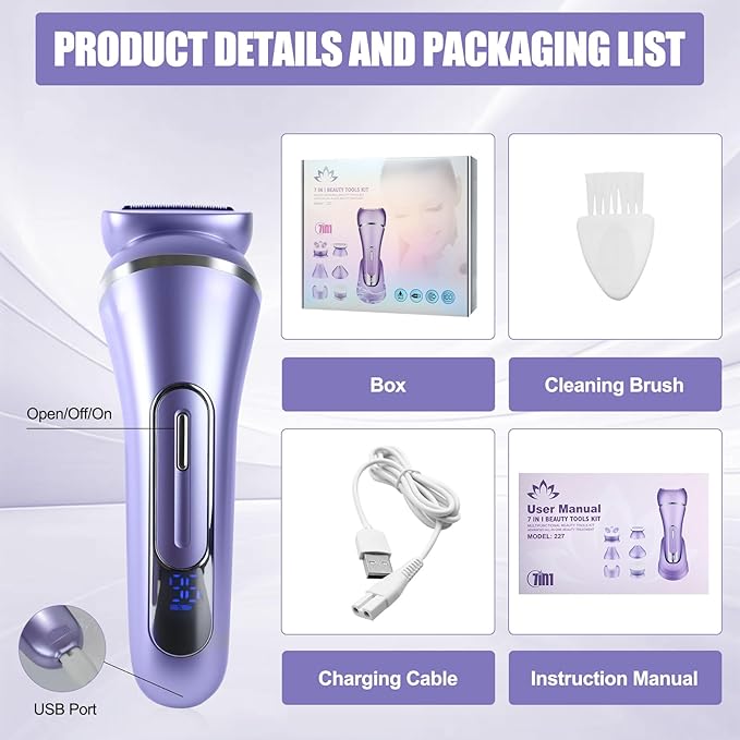 Pluxy Epil Pro 3.0 Women Face Epilator, 7-in-1 Rechargeable Facial Hair Remover with LED Battery Display, Facial Shaver for Face, Eyebrow, Nose Trimmer