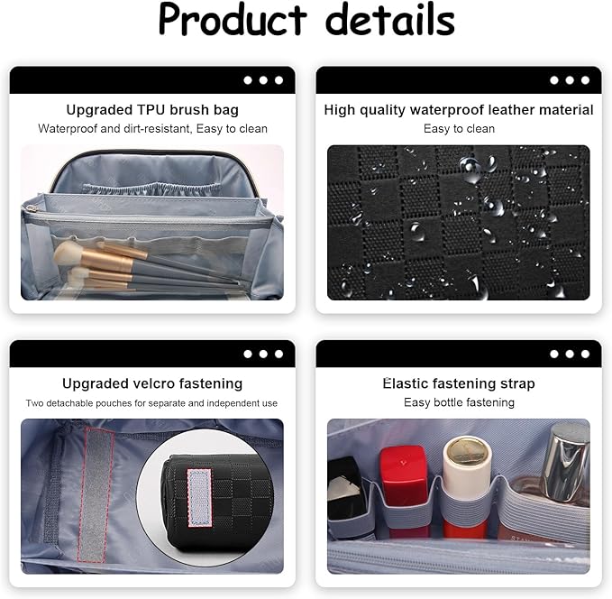 Travel Makeup Bag Organizer Cosmetic Bag: 3 Pcs Set Make up Bags for Women with Handle - Waterproof Vegan Leather Toiletry Bags with Comparments (Black)