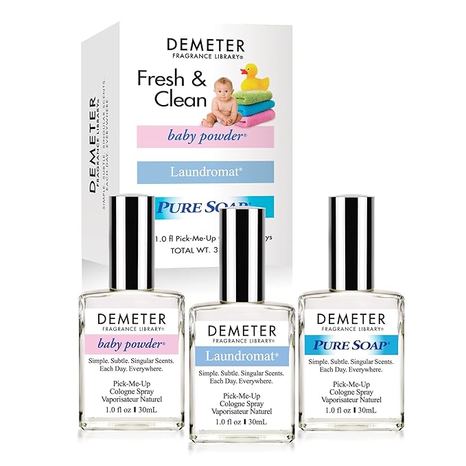 DEMETER Fresh And Clean Collection, Set of 3 Unique Perfumes For Women, Baby Powder, Pure Soap, Laundromat, 1 Oz Each