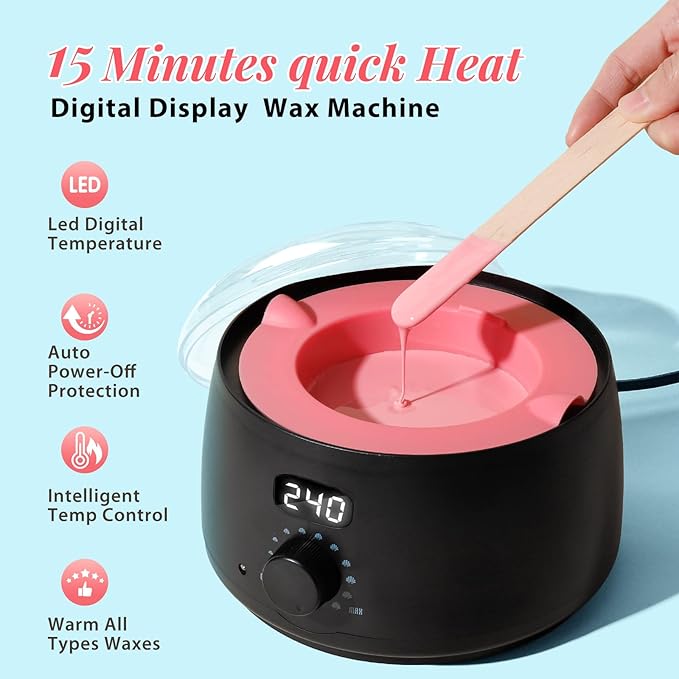 Complete Home Waxing Kit for Women: Face Brazilian Eyebrow Bikini Leg & Sensitive Skin - with 5 Packs Hard Wax Beads Digital Wax Warmer for Hair Removal