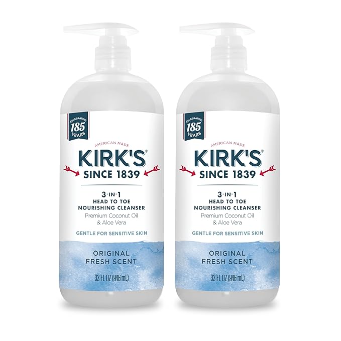 Kirk's 3-in-1 Head to Toe Nourishing Liquid Cleanser- for Men, Women & Children - Premium Coconut Oil & Aloe Vera- Non GMO & Vegan -Original Fresh Scent - 32 Fl Oz