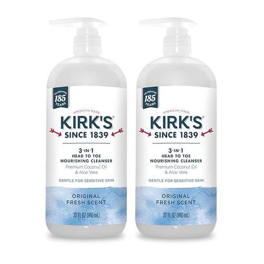 Kirk's 3-in-1 Head to Toe Nourishing Liquid Cleanser- for Men, Women & Children - Premium Coconut Oil & Aloe Vera- Non GMO & Vegan -Original Fresh Scent - 32 Fl Oz