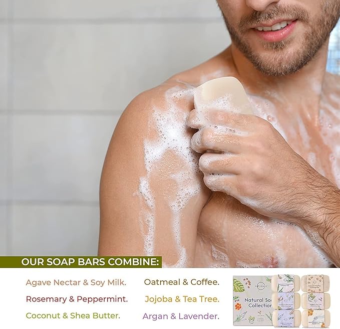 O NATURALS 100% Natural Bar Soap - Assorted 6 PCS Soap Gift Set - Organic Ingredients & Essential Oils - Spa Gifts for Women & Men, Body Wash Soap Bar & Face Soap for Acne - Triple Milled Soap Bars