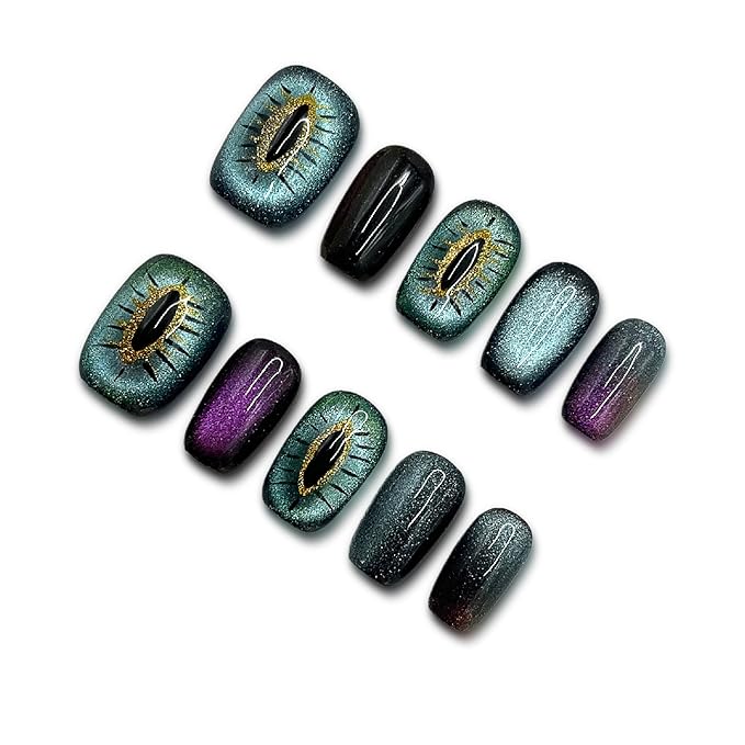 Nails Handmade Press On Nail.Magnetic Press On Nail Short Square Cat Eye Fake Nails with Charm Design,Reusable Glue On Nail for Woman Gift,Set of 10pcs Lasting Acrylic False Nail Art (012 L)