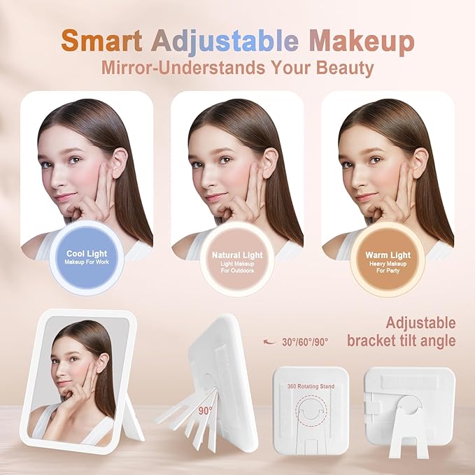 Travel Makeup Bag With 360° rotating LED Mirror,Waterproof cosmetic organizer,Portability Cosmetic case,Makeup organizer,Gift for Women,Girls Gift (Pink)