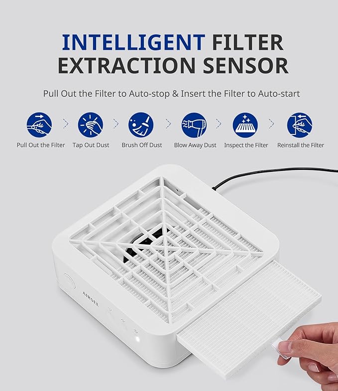 AIRSEE GD3 Nail Dust Collector for Salon and Home Use,Powerful and Quiet Manicure Vacuum for Acrylic Gel Nail Polishing with Reusable Filter,3-Speed Adjustable Extractor Fan,White