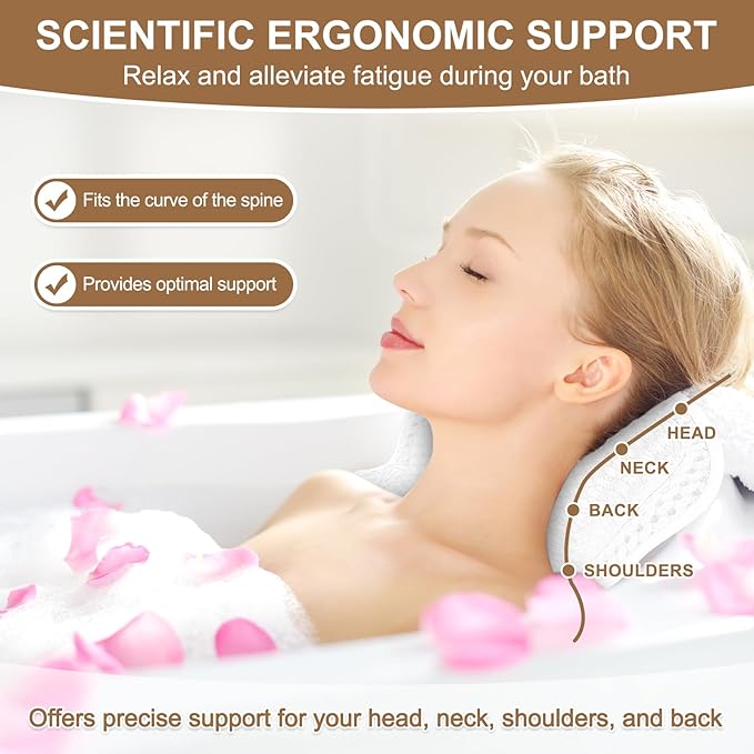 Bath Pillow for Tub, Bathtub Pillow for Head, Neck, Shoulder and Back Support, Ergonomic Luxury Bath Pillow for Bathtub, 6 Strong Suction Cups and Hook, Bathroom Accessories, White