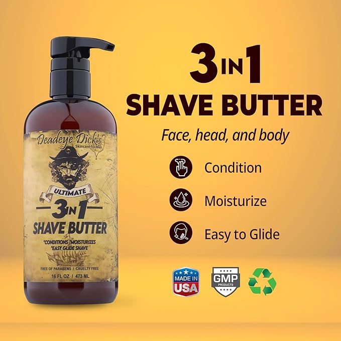 DeadeyeDick's 3-in-1 Shave Butter | Natural Shave Cream for Face, Head & Body | Gentle, Non-Irritating Formula for All Skin Types | 16 FL OZ