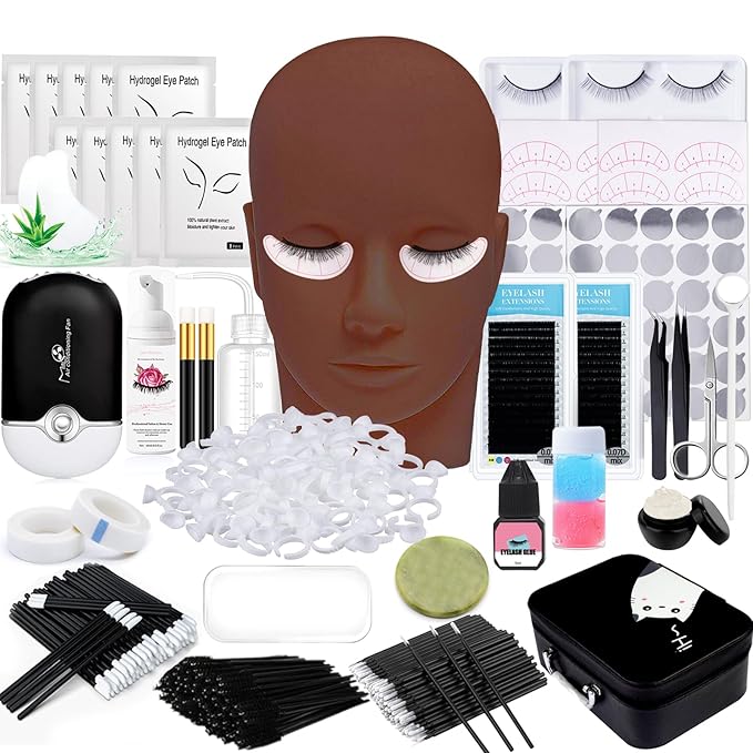 Lash Extension Kit Professional Eyelash Grafting Training Tools Mannequin Head USB Fan Lash Shampoo 0.07D Curl Mix 8-15mm Glue Practice Eyelash Strips Lash Mapping,Exercise Set for Beginner