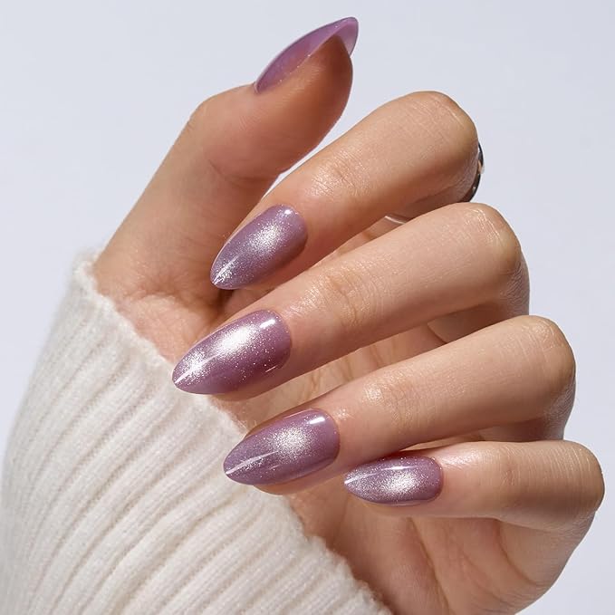VSALON Short Almond Press-On Nails - Purple Cat Eye Design, Reusable Fake Nails with Nail Glue, Protector Cuticle Oil, Adhesive Tabs & Mini Nail File - 32 PCS in 16 Sizes (Crystal Dawn)