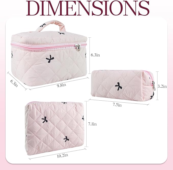3Pcs Quilted Makeup Bag, Cute Floral Cotton Cosmetic Bag set, Coquette Bow Makeup Pouch Large Travel Toiletry Bag