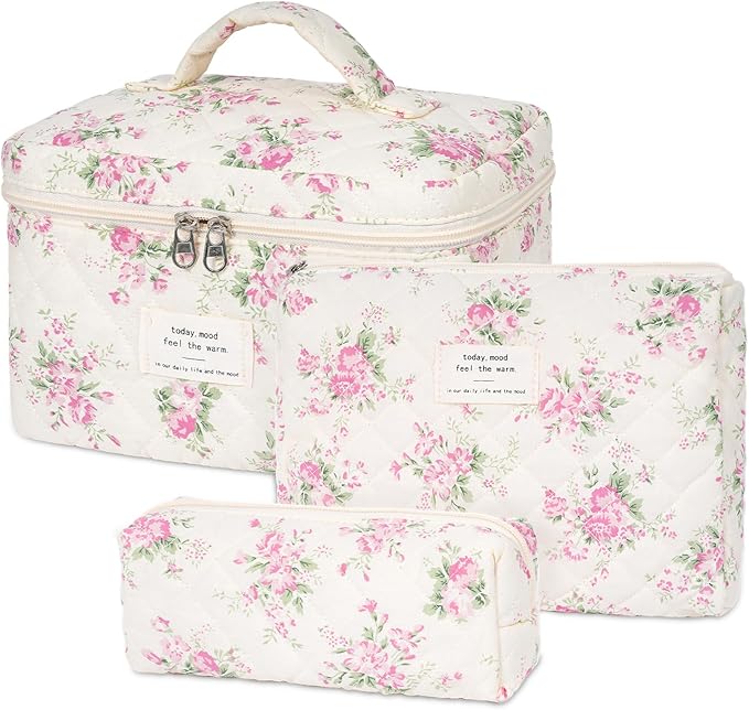 Quilted Makeup Bag,Large Cosmetics Bag Set,Cotton Coquette Floral Make up Pouch,Travel Toiletry Bag for Women
