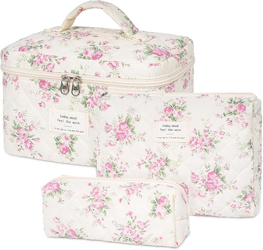 Quilted Makeup Bag,Large Cosmetics Bag Set,Cotton Coquette Floral Make up Pouch,Travel Toiletry Bag for Women