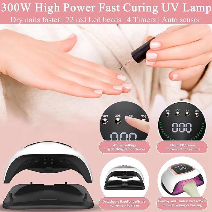UV LED Nail Lamp, 300W Professional UV Nail Dryer Light for Gel Nails with 72 Beads, Fast Curing Gel Polish Lamp Auto Sensor 4 Timer Setting, Nail Art Drying Tools for Fingernail and Toenail
