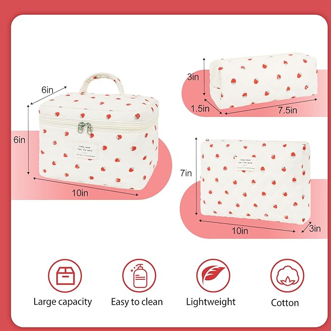 Quilted Makeup Bag Set, 3PCS Cosmetic Organizers for Women, Travel Toiletry Bags with Zipper Closure, Coquette Floral Make up Pouch