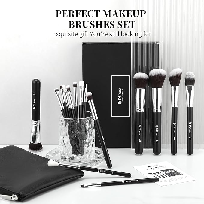 DUcare Makeup Brushes with Bag,15Pcs Makeup Brush Set Christmas Gift Travel Kabuki Foundation Blending Blush Eyeliner Shadow Brow Concealer Brushes Kit Black