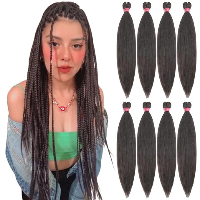 Pre-stretched Braiding Hair, Original Braid Hair Extensions, Hot Water Setting Crochet Hair Braids, Yaki Texture Easy Braiding Hair (24''-pack of 8, 4)…
