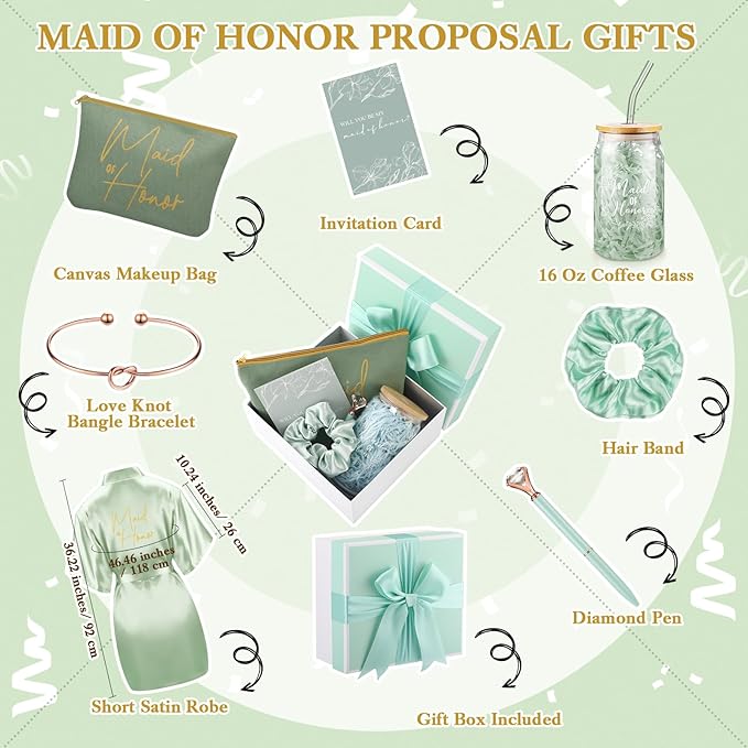 Irenare 8 Pcs Proposal Gifts Set Robes Makeup Bag Cup Cards Hair Tie Bracelet Diamond Pen Bridesmaid Gift Box (Light Green,Maid of Honor)