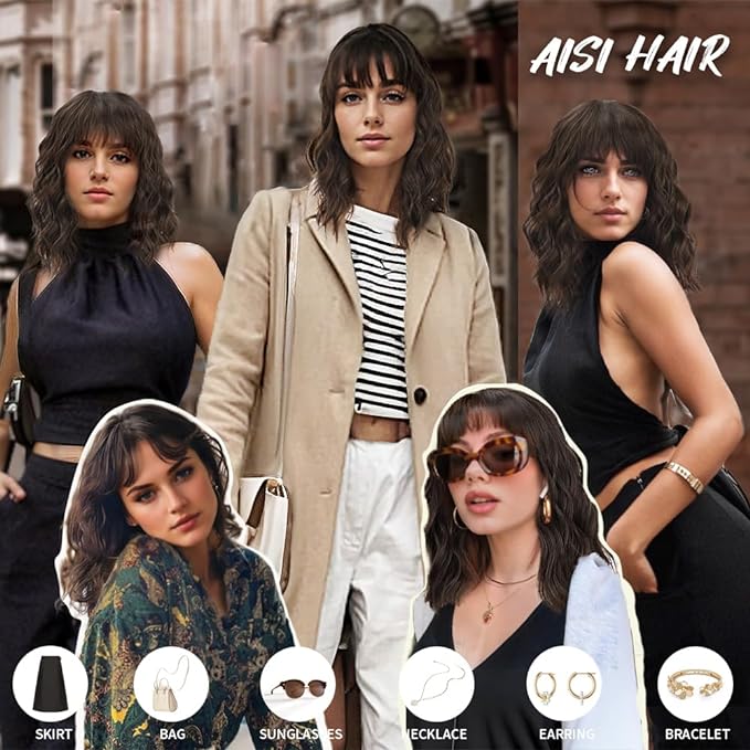 AISI HAIR Natural Brown Synthetic Curly Wavy Bob Wig with Bangs for Women, 21-23 Inches