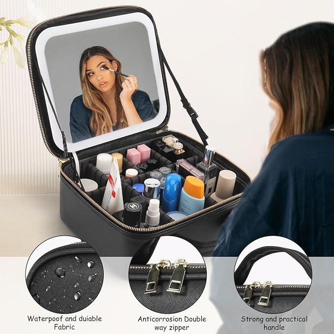 Makeup Bag with Mirror is with Waterproof Design Makeup Bag With Led Mirror, Best Gift is Makeup Case With Lighted Mirror.Makeup Bag With Mirror 3 Color Scene (black)