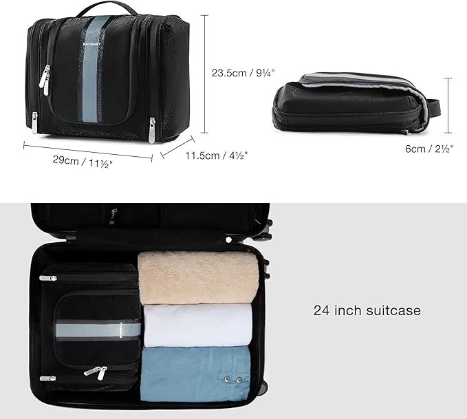 BAGSMART Toiletry Bag for Men, Travel Toiletry Organizer with hanging hook, Water-resistant Cosmetic Makeup Bag Travel Organizer for Shampoo, Full-size Container, Toiletries, Black-Medium