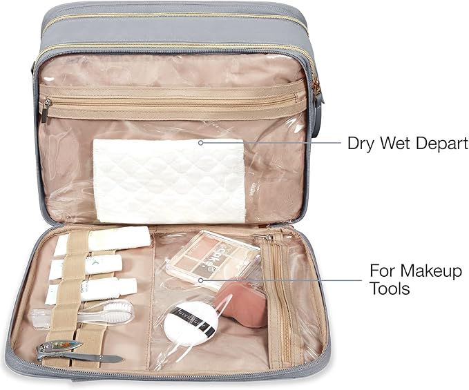 BAGSMART Toiletry Bag for Women, Large Toiletry Bag Water-resistant Makeup Cosmetic Organizer Bag for Accessories, Shampoo, Full Sized Container, Toiletries, (Large,Grey)