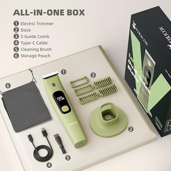 VIKICON Single Blade Body Hair Trimmer – Electric Dual-Sided Safety Razor for Face, Legs, Chest & Pubic Area, Smooth Intimate Shaver with 5 Guide Combs, Travel & Daily Use, Gift for Men & Women