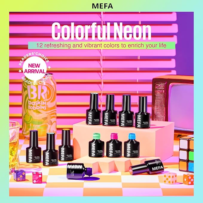 MEFA Neon Gel Nail Polish Set, 12 Colors Gel Nail Set Green Glitter Pink Blue Yellow Purple Red Soak Off Nail Gifts for Women Girl DIY Salon Home Manicure Spring Summer