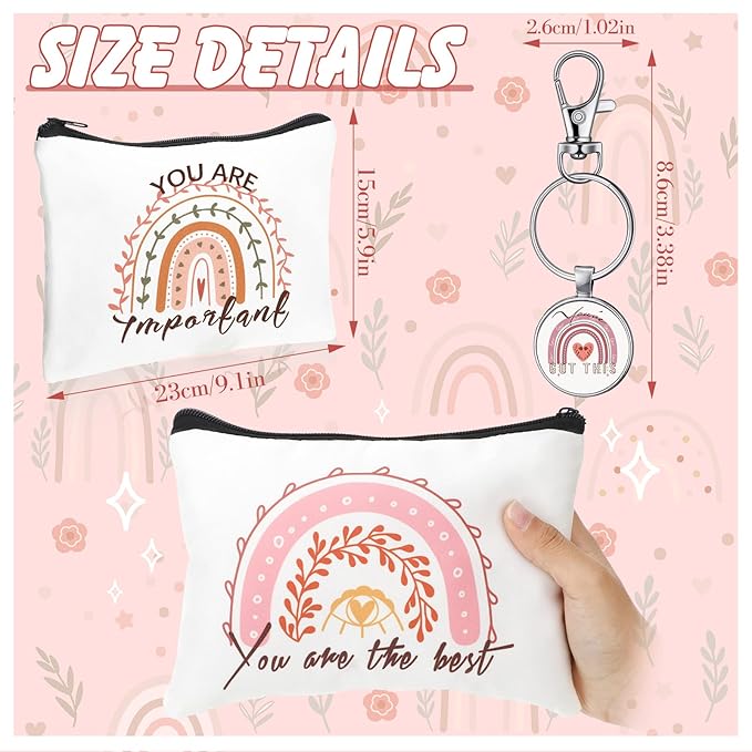 Pinkunn Rainbow Canvas Cosmetic Bag Bulk with Inspirational Quote Keychains Set 16 Pcs Cosmetic Bags 16 Pcs Keychains You are Amazing Beautiful Kind Travel Pouch Zipper for Graduation Gift