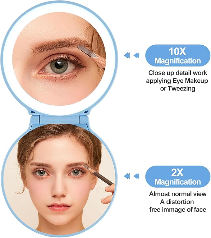 for Mom - Shell Compact Mirror Led Lighted, Magnifying Travel Mirror 10x 2X, Unbreakable Pocket Mirror for Women, Unique Mirror for Purse, Gifts for Birthday Holiday, Blue Color