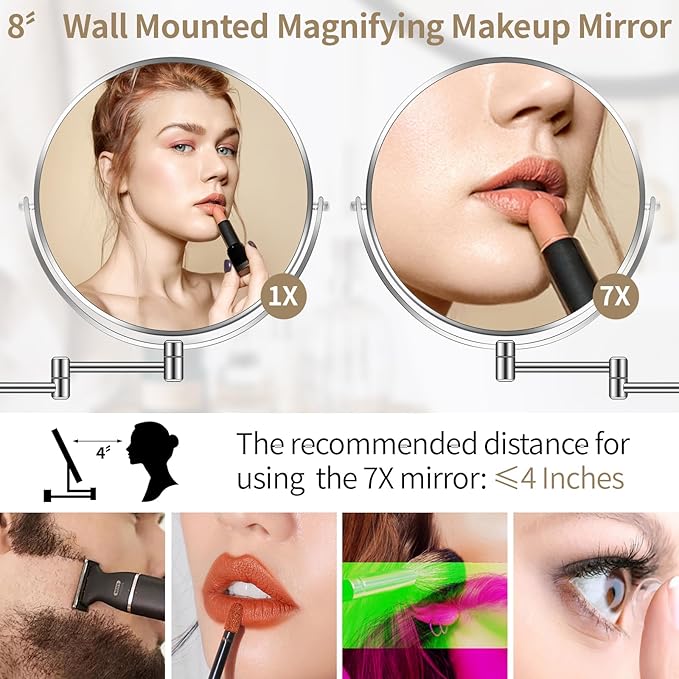 8” Wall Mounted Magnifying Makeup Mirror 1X/7X Wall Mount Mirror Swing Arm Two-Sided 360° Swivel Bathroom Shaving Mirror for Men and Women in Hotel/Home, Chrome